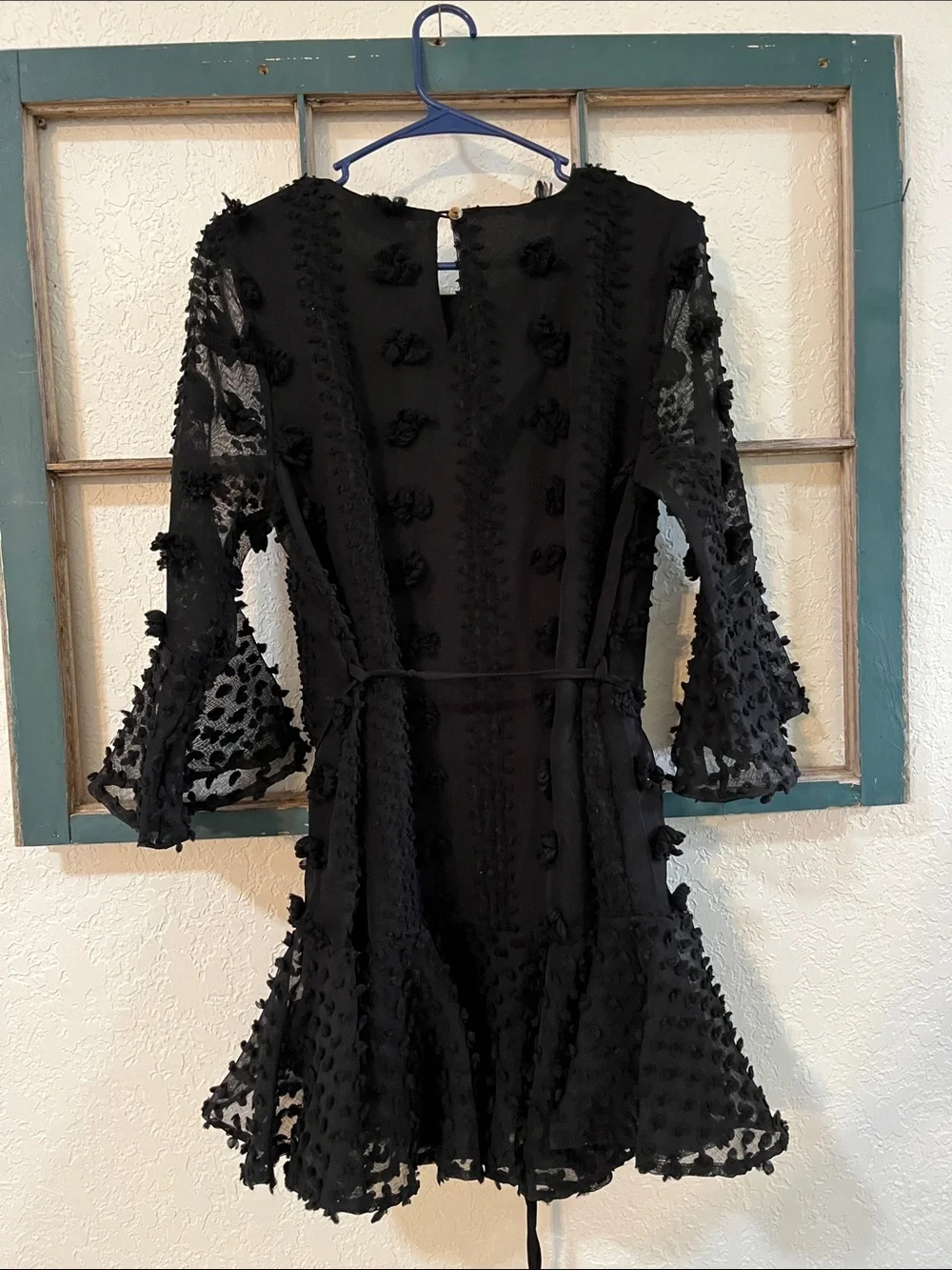 Les Soeurs Black Long Sleeve Textured Mini Dress with Bell Sleeves Lines Size S